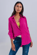 Q2 Relaxed satin long sleeve shirt in fuchsia