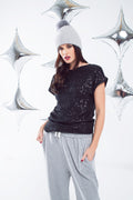Q2 Relaxed Sequin Dress With Short Sleeves and Open Back in Black