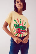 Q2 Relaxed t shirt with yellow Vintage Queens graphic print