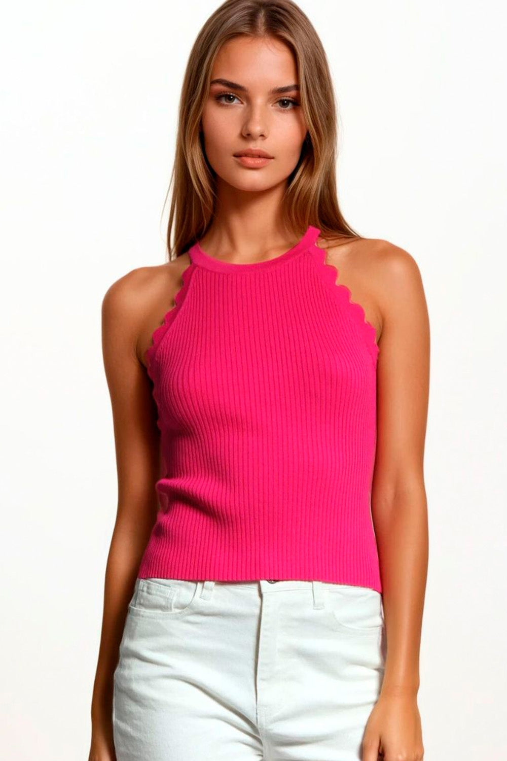 Q2 Ribbed Halter Top With Scalloped Finish in Fuchsia
