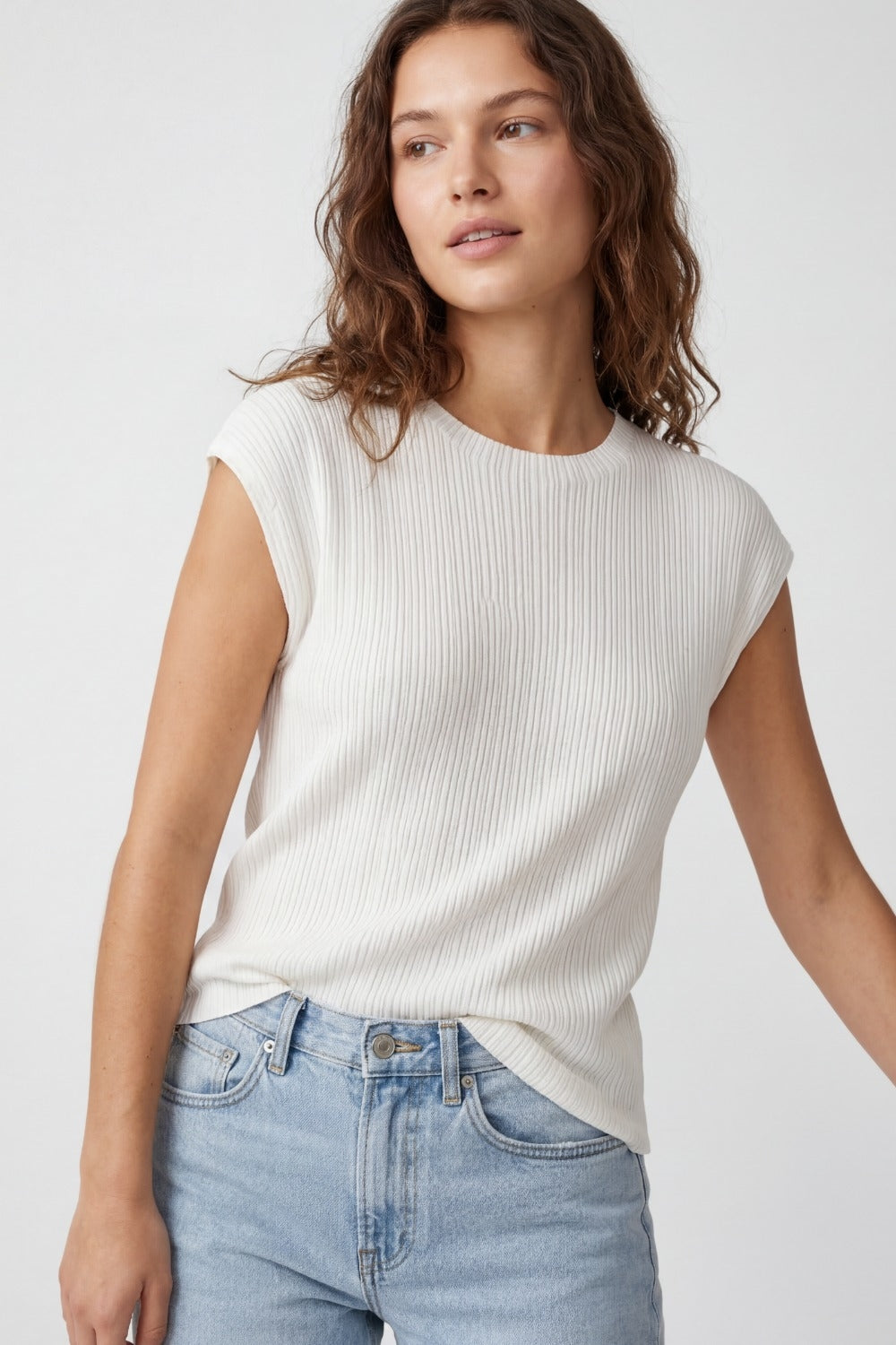 Ribbed Knit Slim Fit Sleeveless sweater in white