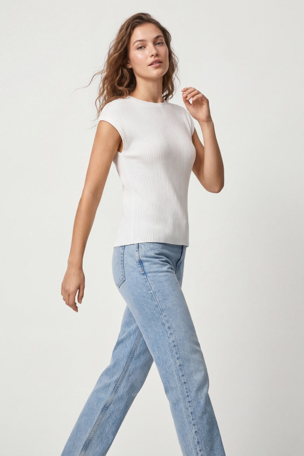 Ribbed Knit Slim Fit Sleeveless sweater in white