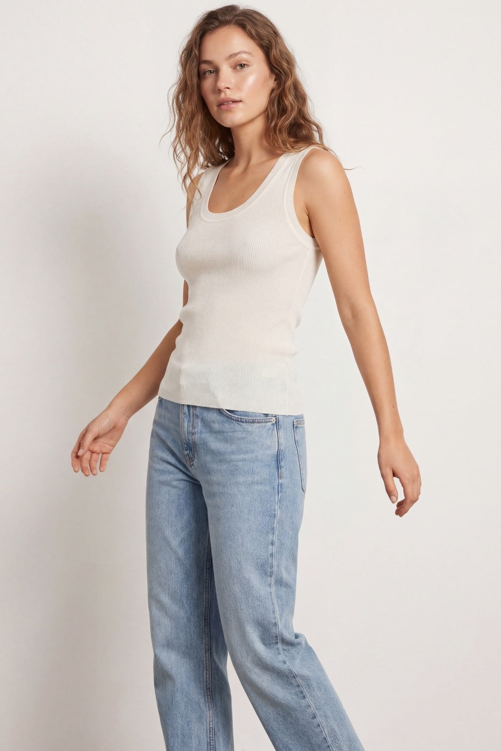 Ribbed Knit White Tank Top with scoop neck
