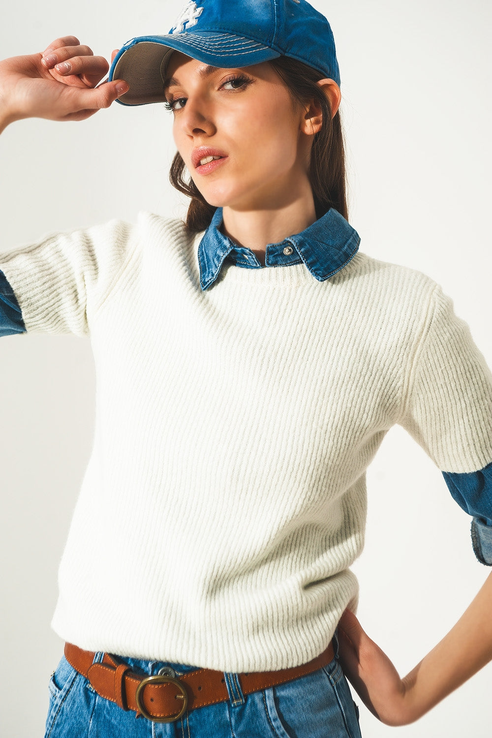 Ribbed short sleeve crop knitted top in cream