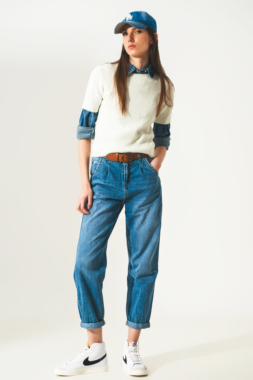 Ribbed short sleeve crop knitted top in cream