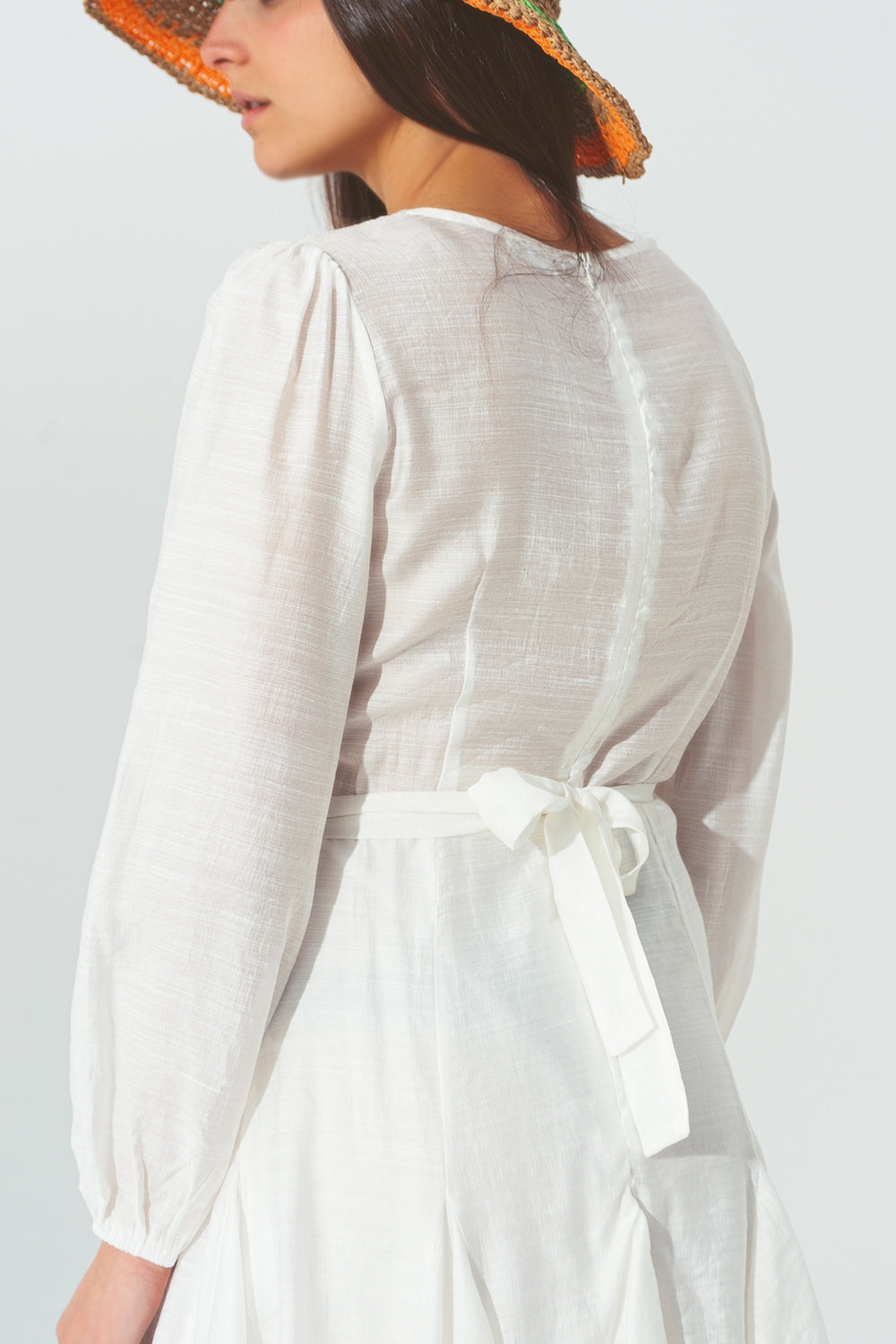 Ruffle V Neck Dress in White