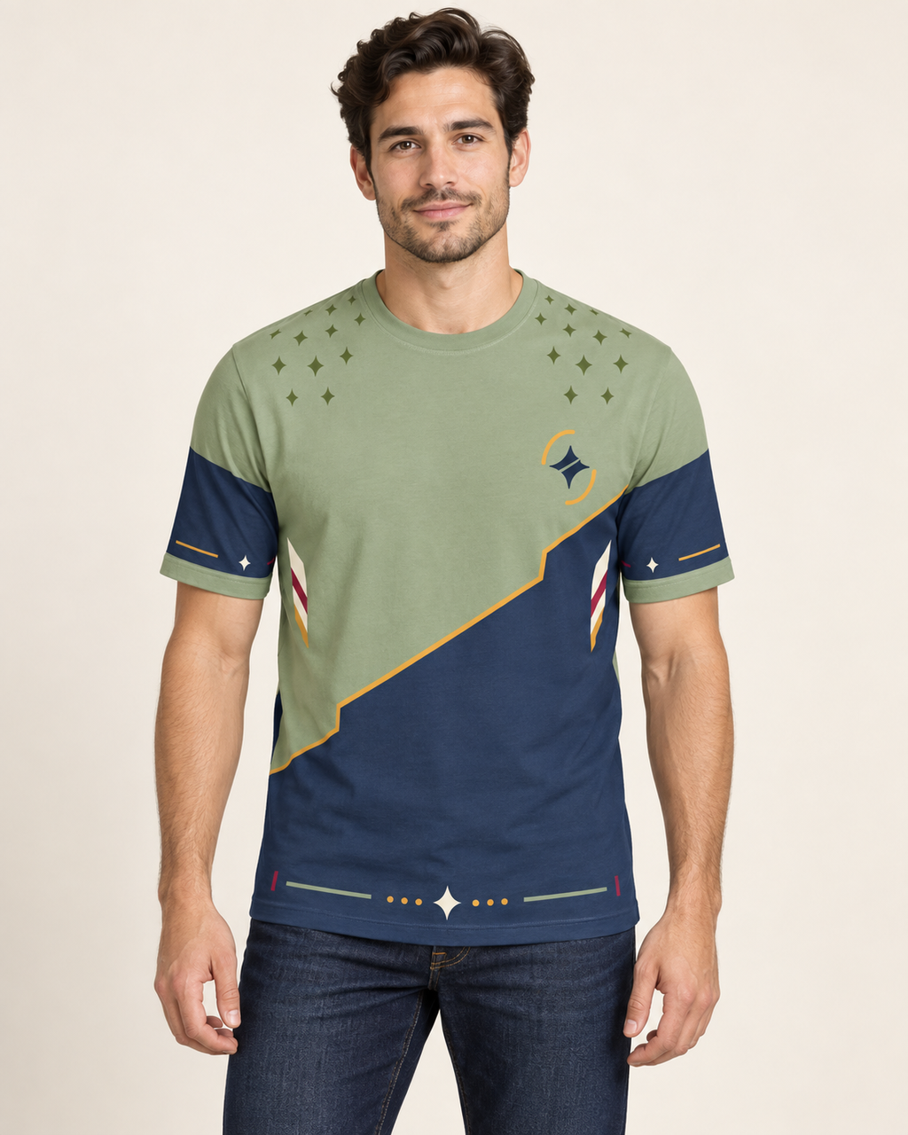 Sage Crestline Regular-Fit Cotton T-Shirt — front view, AI-generated styling illustration