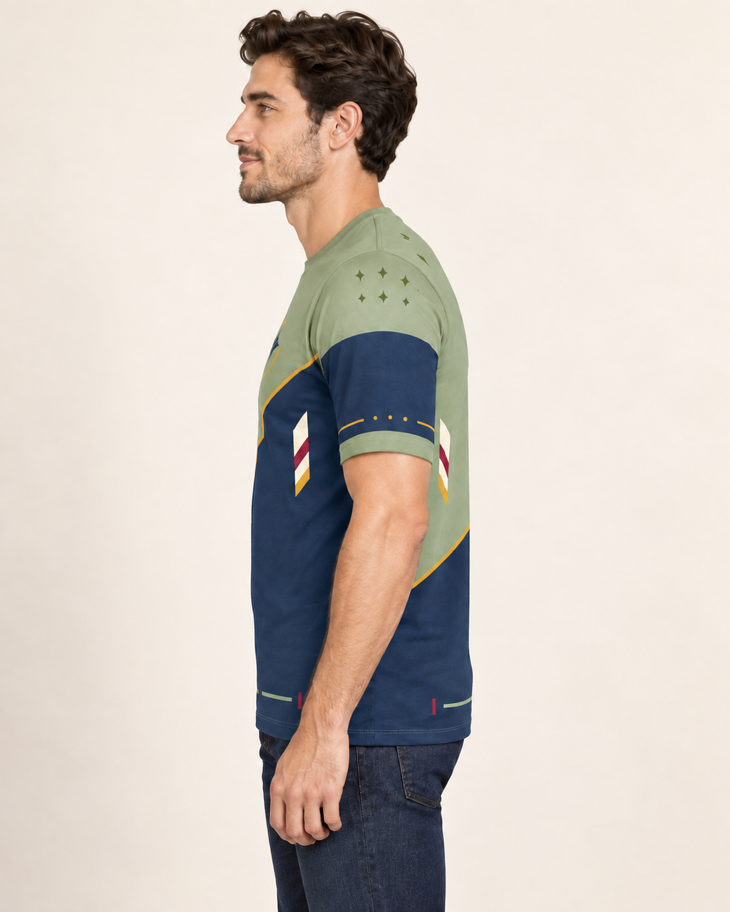 Sage Crestline Regular-Fit Cotton T-Shirt — side view, AI-generated styling illustration