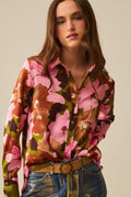 Q2 Satin Finish Tropical Floral Shirt in Olive Green