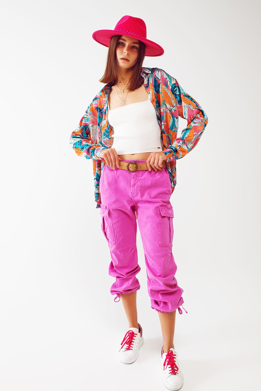 Satin Shirt In Floral Print in Orange