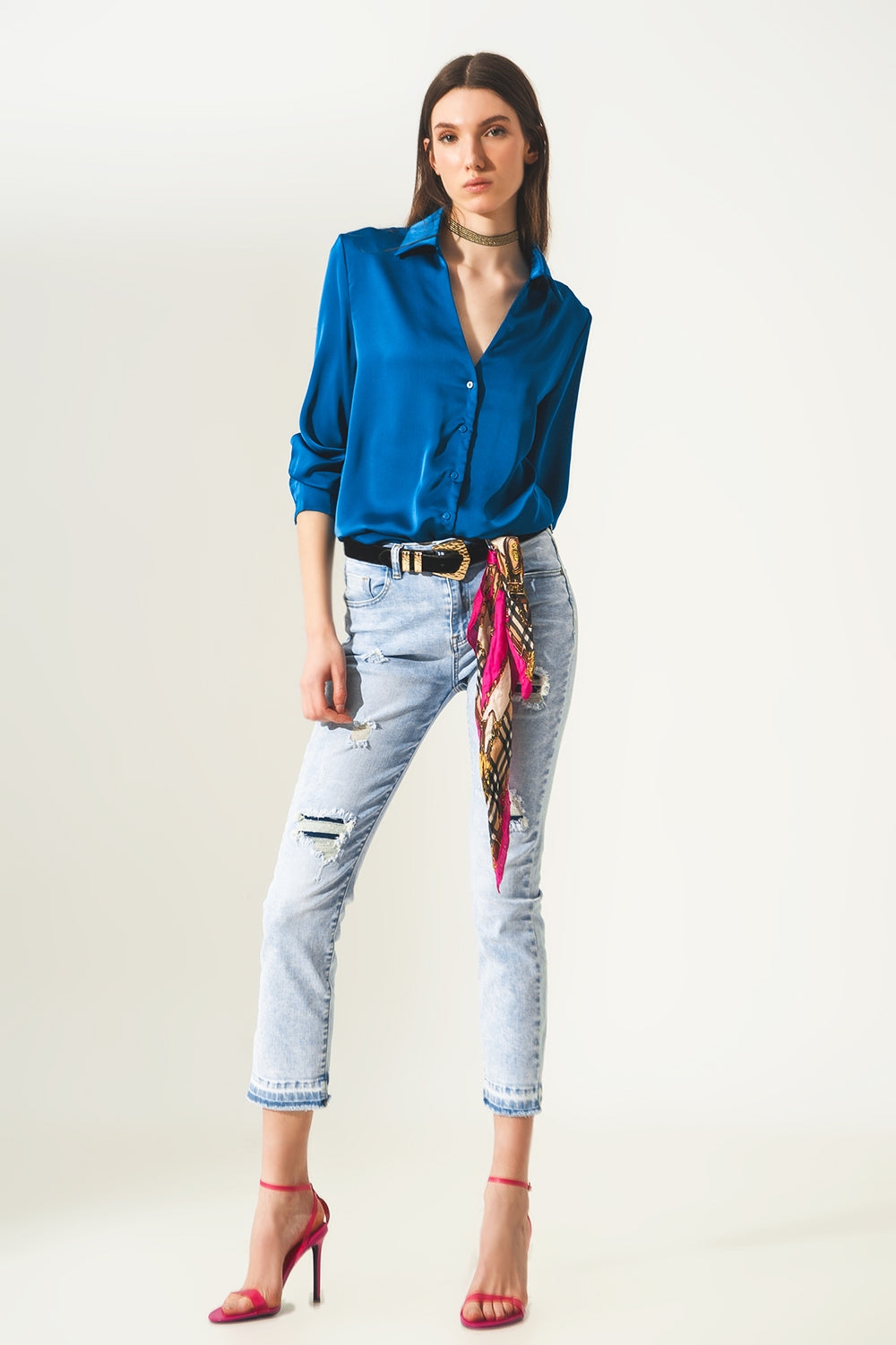 Satin shirt with v neck in electric blue