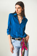 Q2 Satin shirt with v neck in electric blue