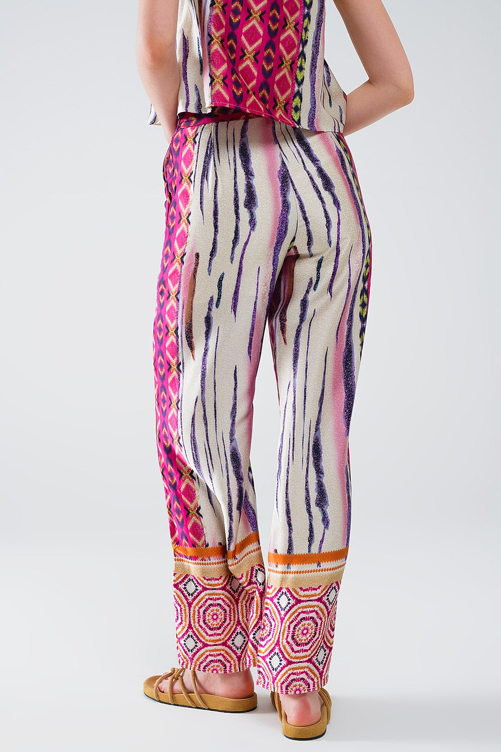 Satin Wide Leg Pants With Abstract Print In Multicolor