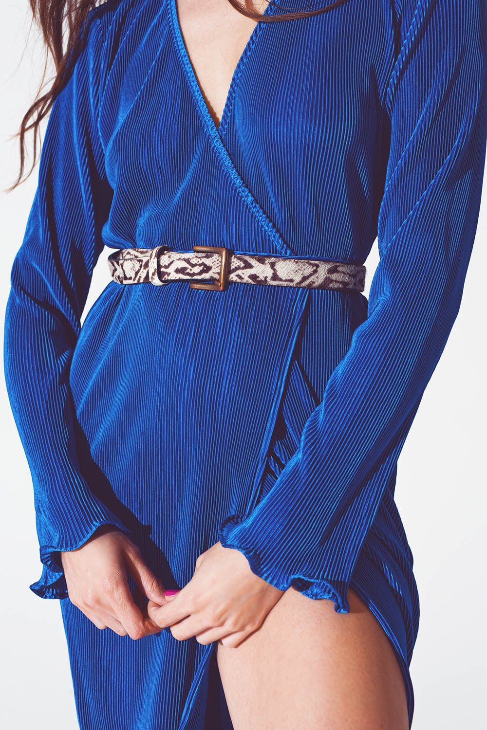 Satin Wrap Detail Pleated Dress in Blue