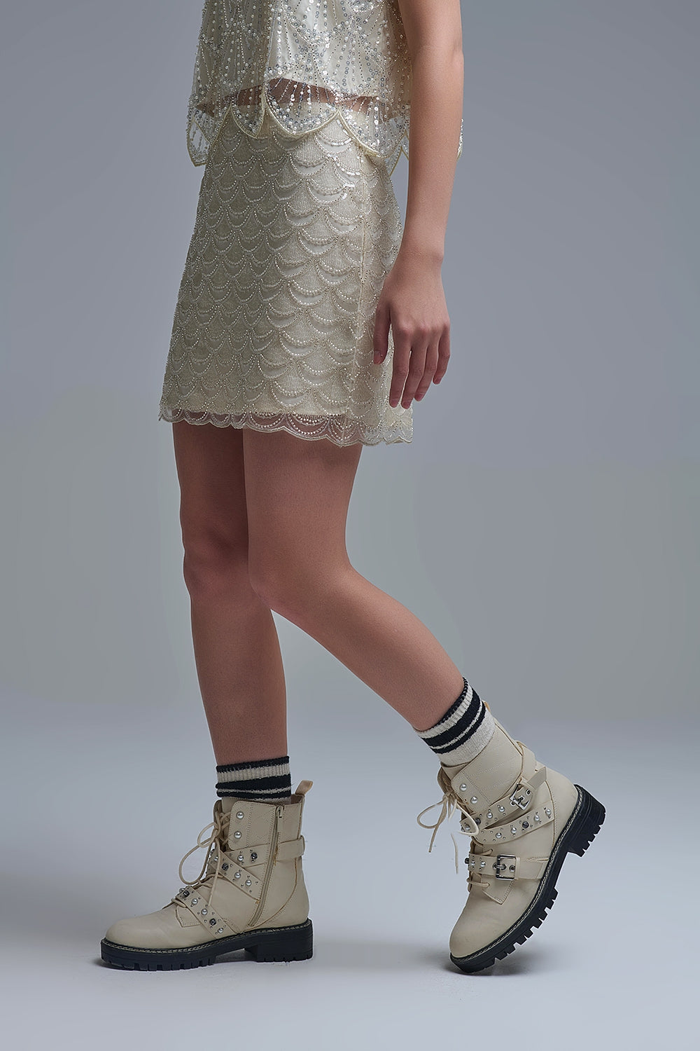 Scalloped Sequin Mini Skirt in Cream