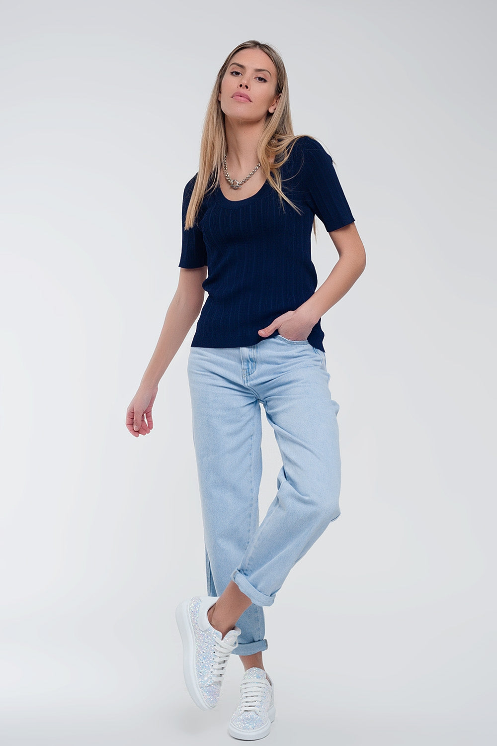 Scoop neck jumper with short sleeve in navy
