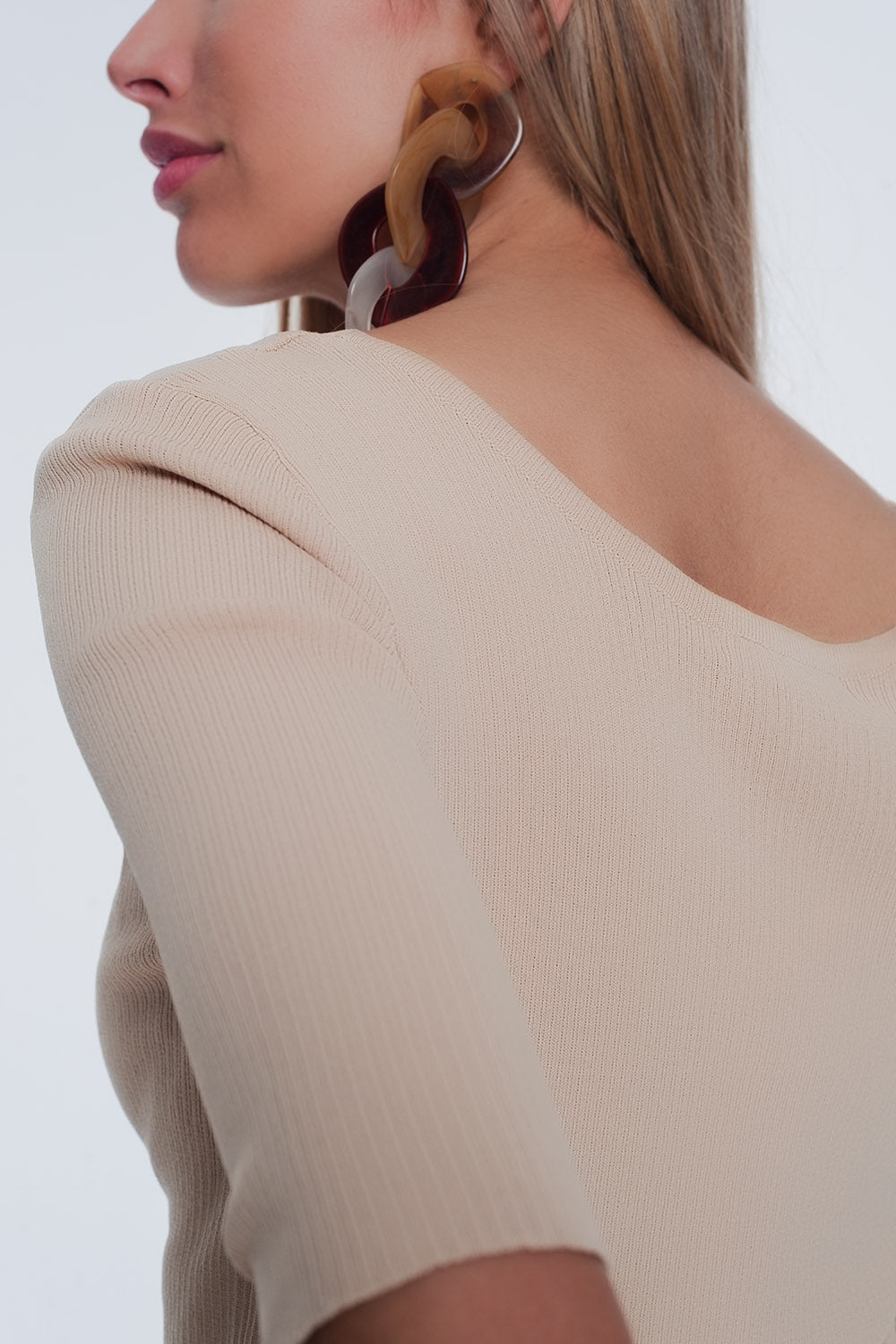 Scoop Neck Sweater with Buttons in Beige