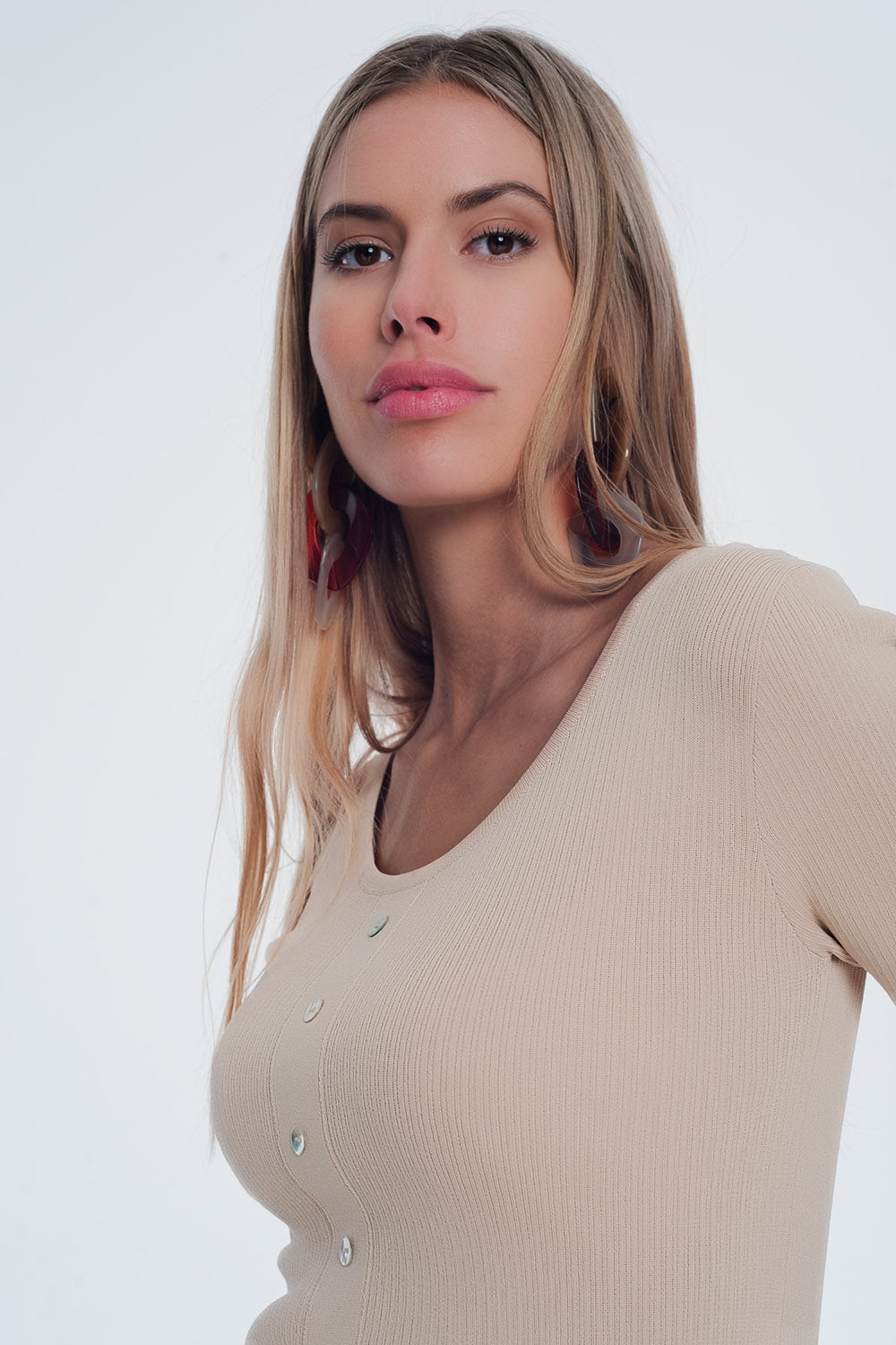 Scoop Neck Sweater with Buttons in Beige
