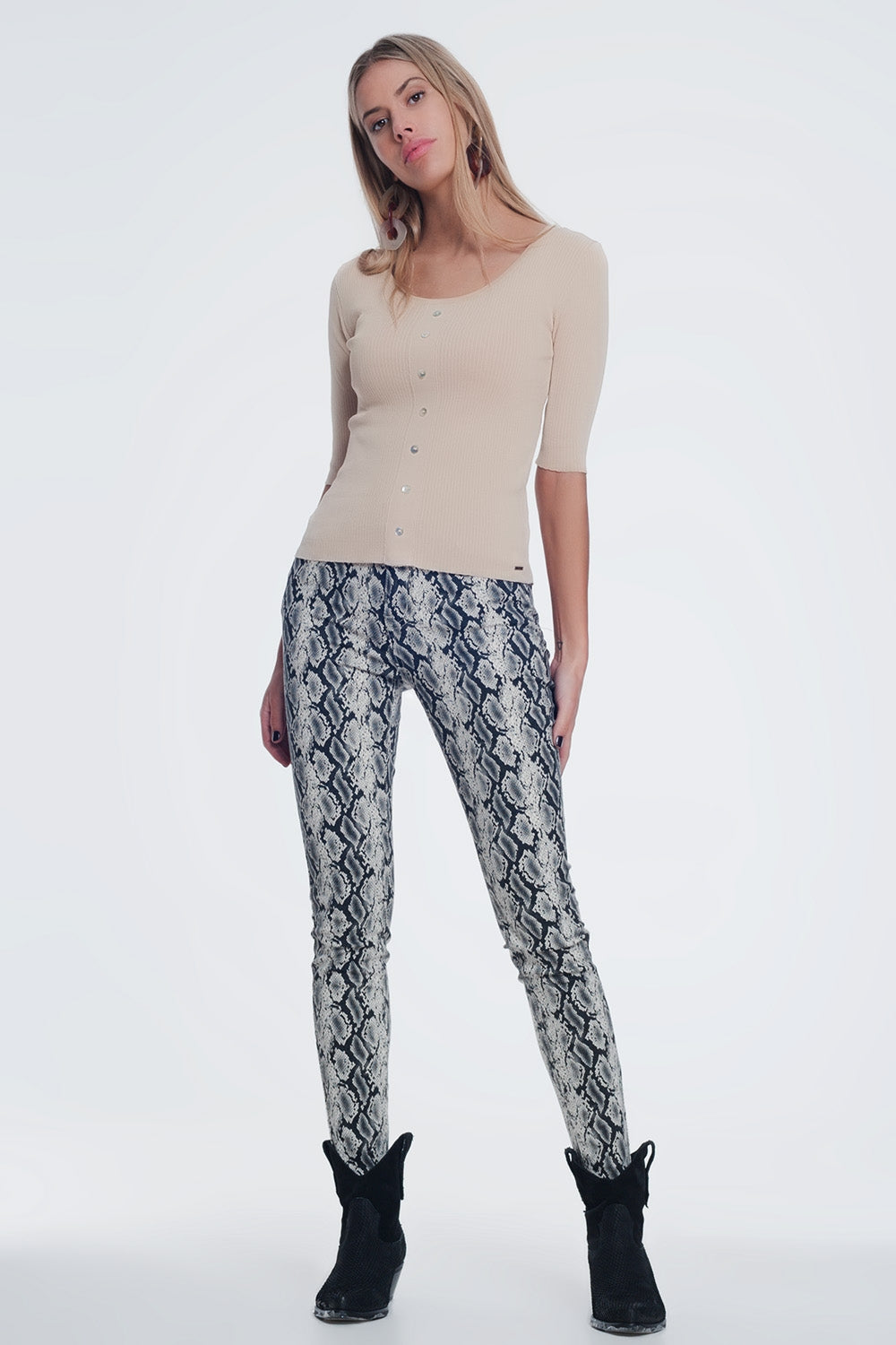 Scoop Neck Sweater with Buttons in Beige