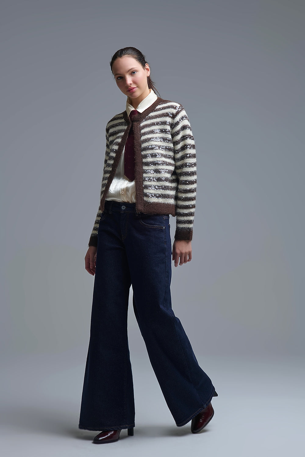 Sequin Detail Stripe Cardigan in Brown and Cream