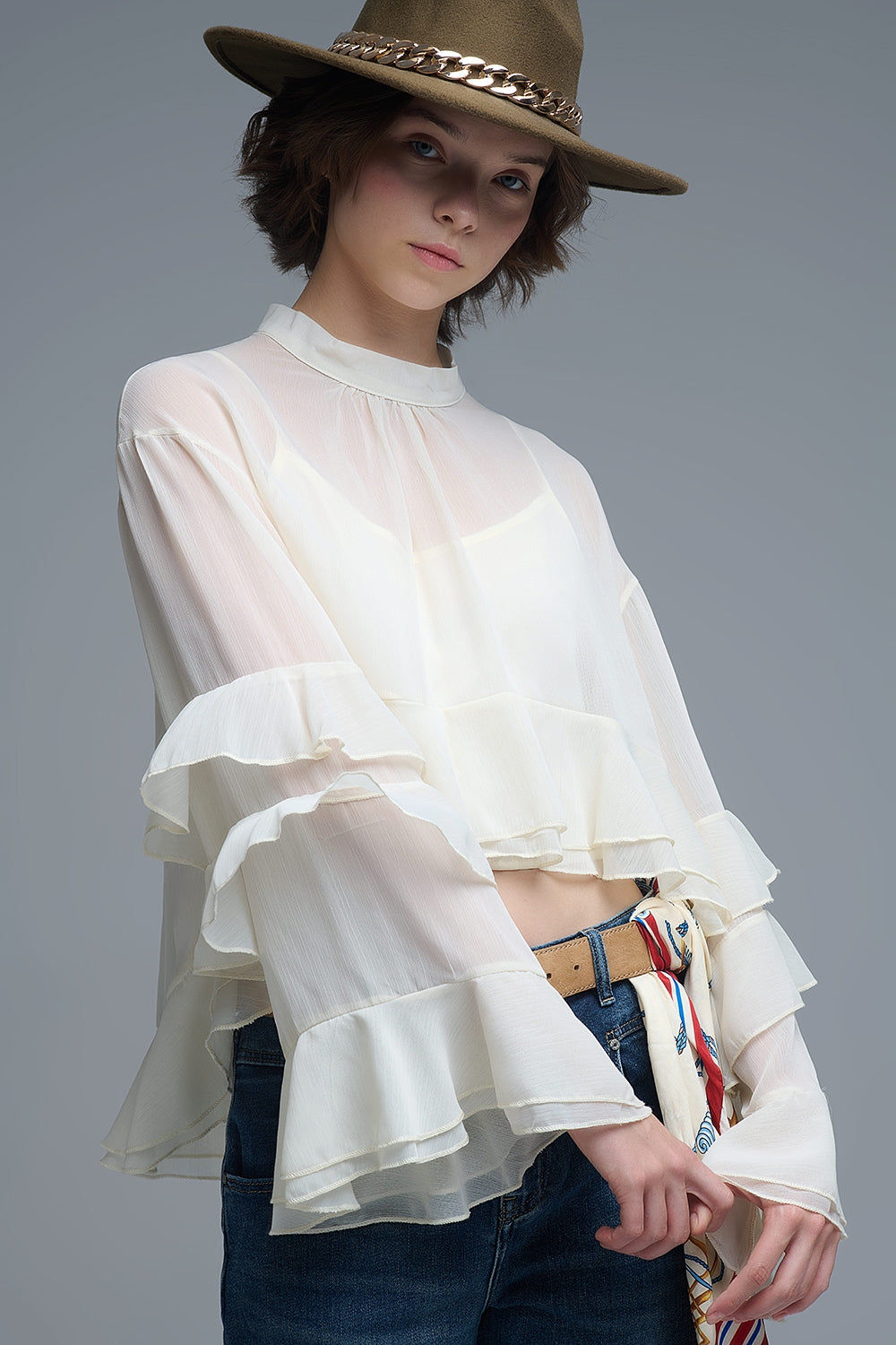 Q2 Sheer Cape-style Beige Blouse in chiffon With Ruffles