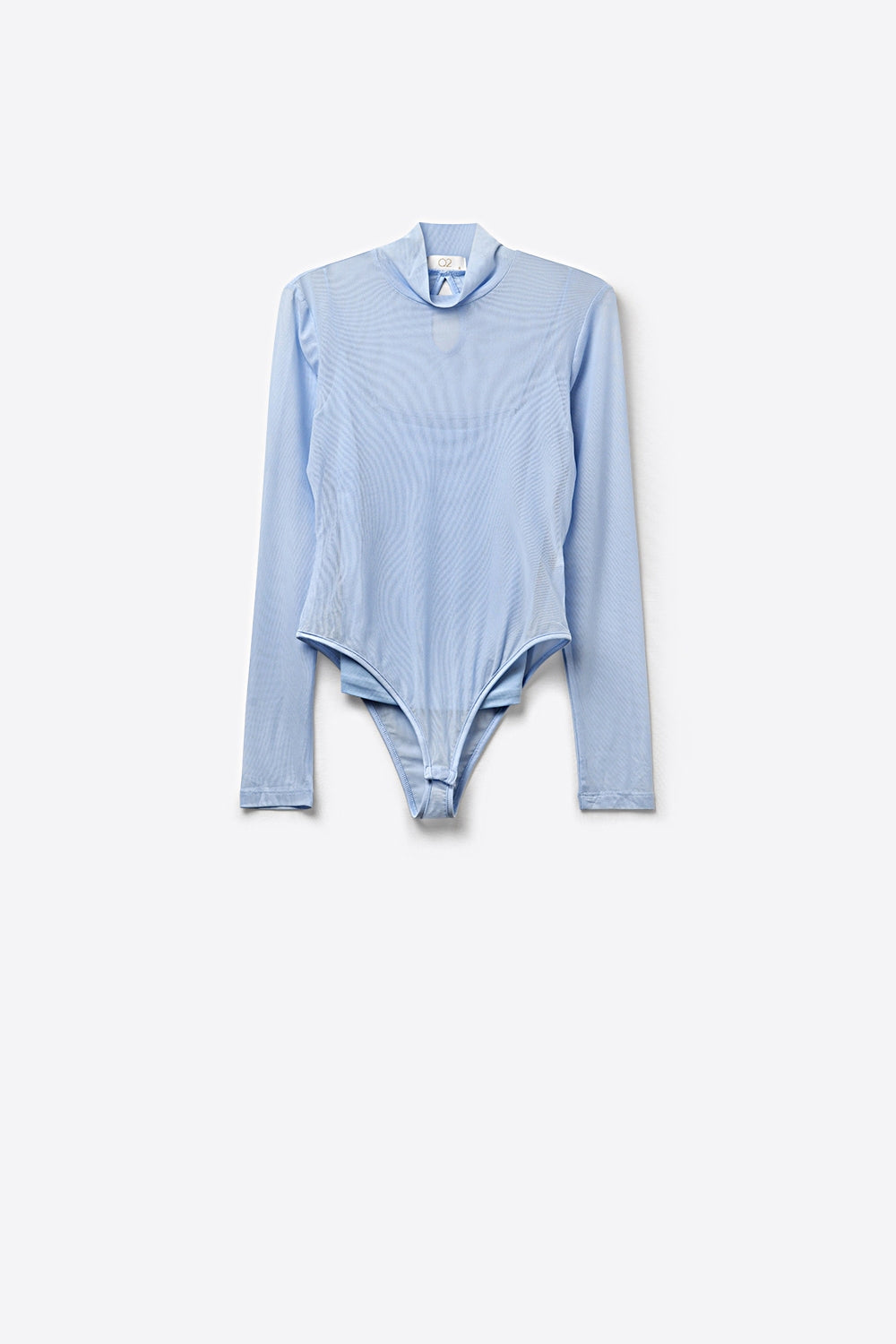 sheer mesh chiffon Long Sleeve Mock Neck Bodysuit in light blue