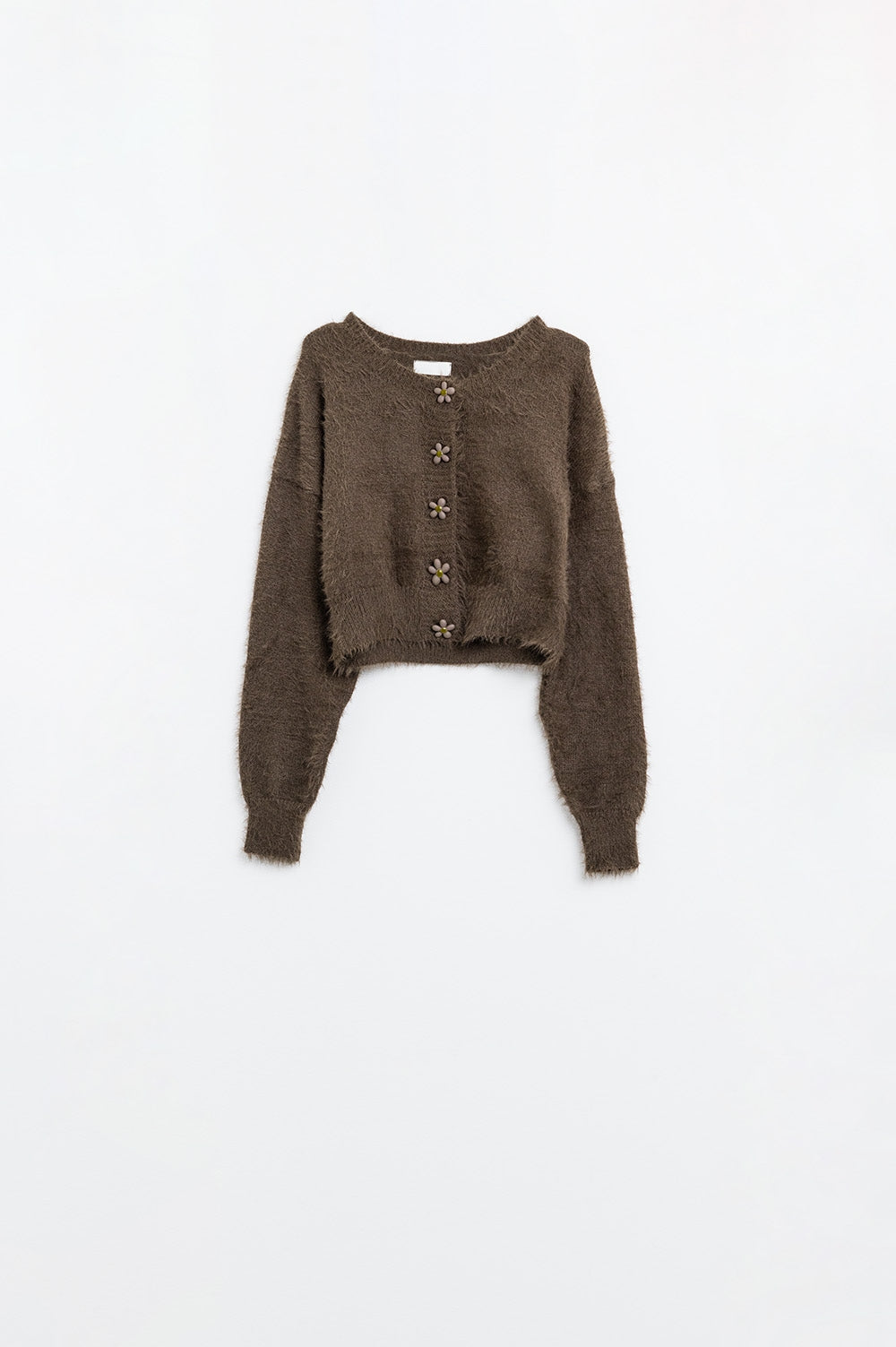 Q2 Short and fluffy brown cardigan with flower buttons