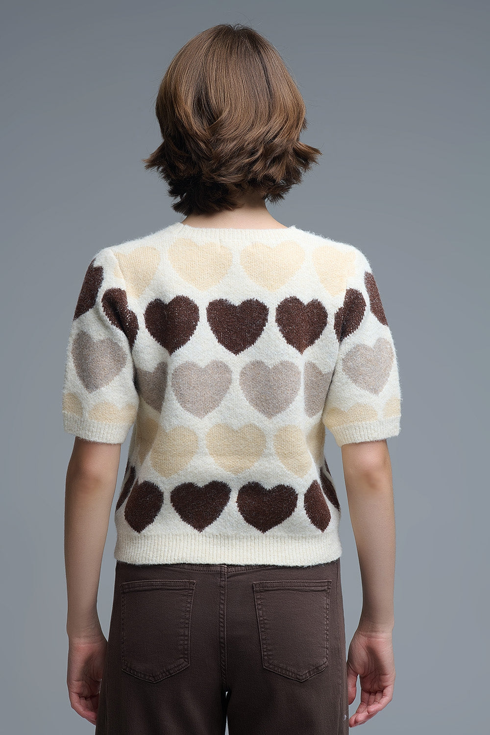 Short Sleeve Printed Heart Sweater in Beige