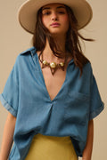 Q2 Short Sleeve Tencel Shirt With Chest Pocket in Blue
