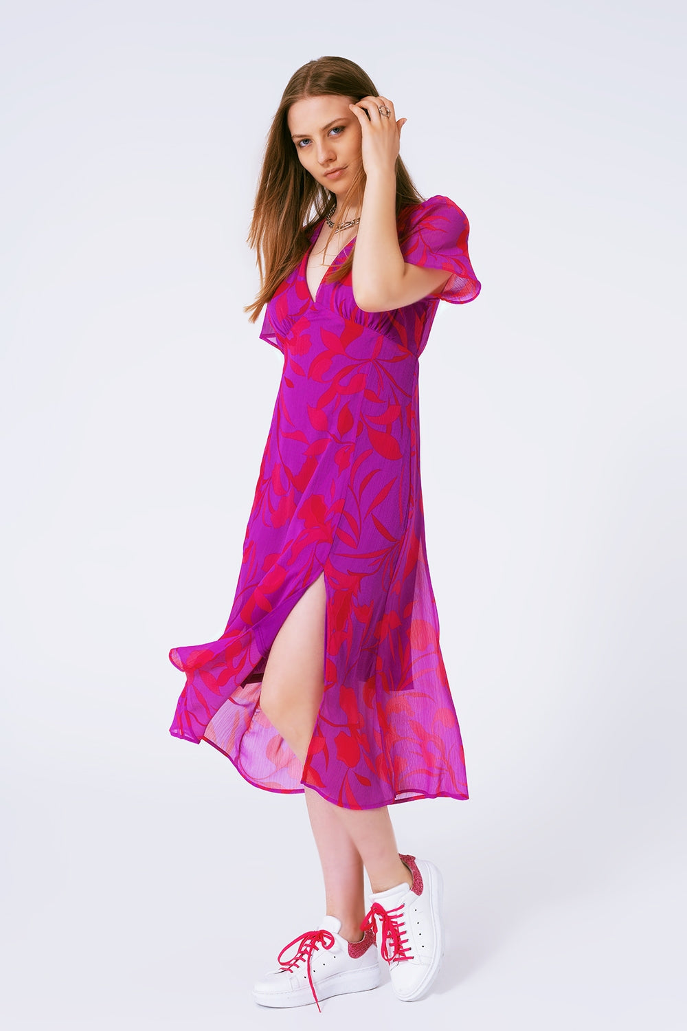 short sleeve V-neck chiffon maxi dress in floral print
