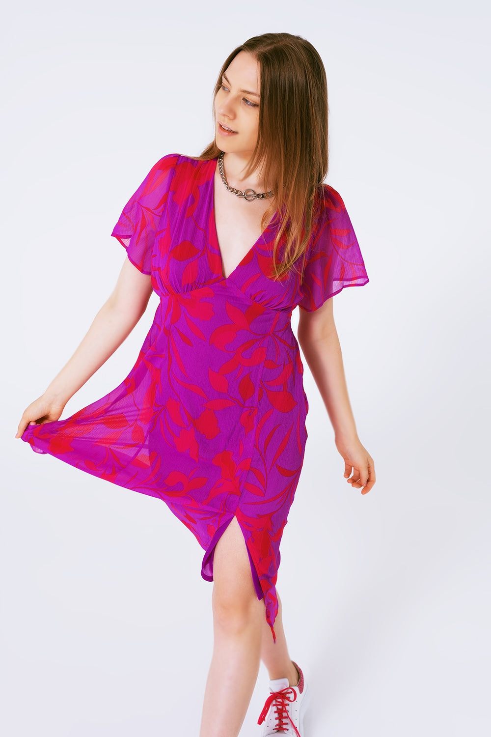 short sleeve V-neck chiffon maxi dress in floral print