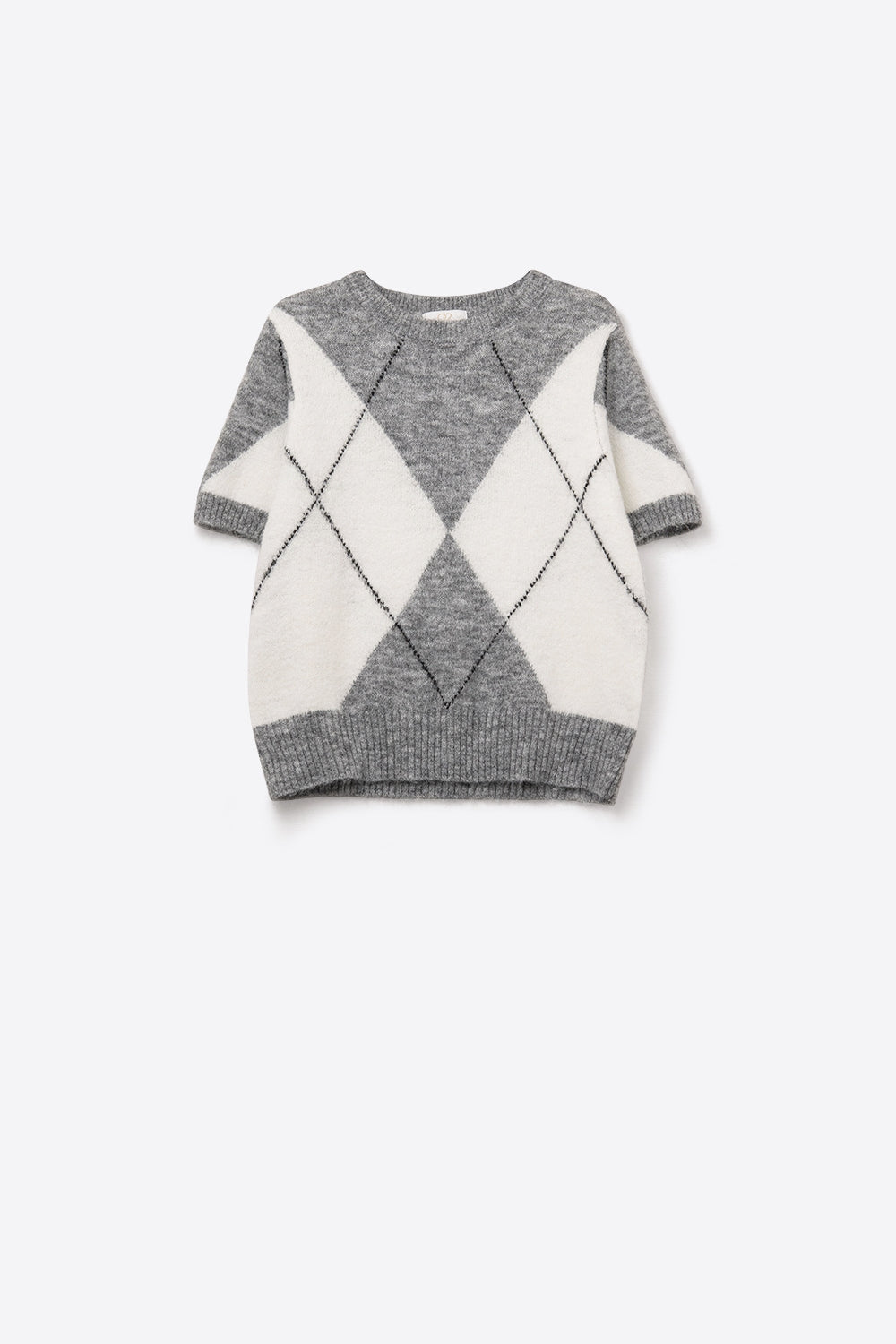 short-sleeved sweater with diamond print in grey and white