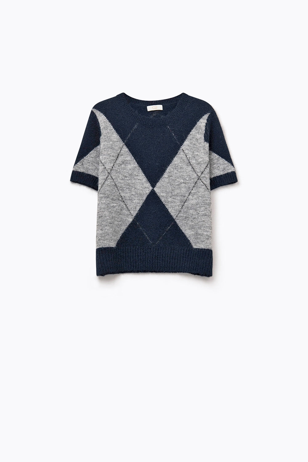 short-sleeved sweater with diamond print in navy and grey