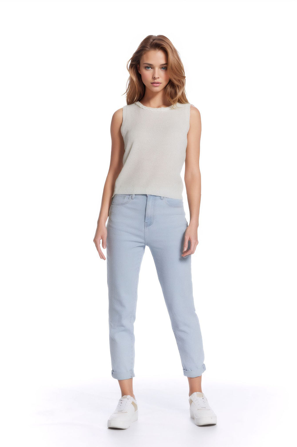 Sleeveless white Sweater With Crew Neckline And Braid Detail At Neckline