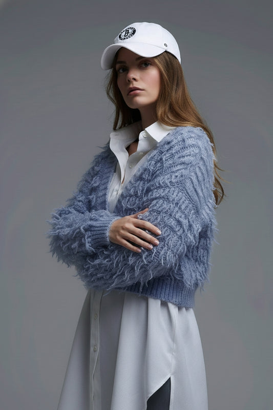 Soft knit cardigan in a chunky shag style in blue