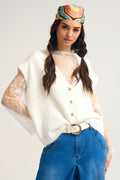 Q2 Soft Knit Sleeveless Cardigan Vest with Lace Trim