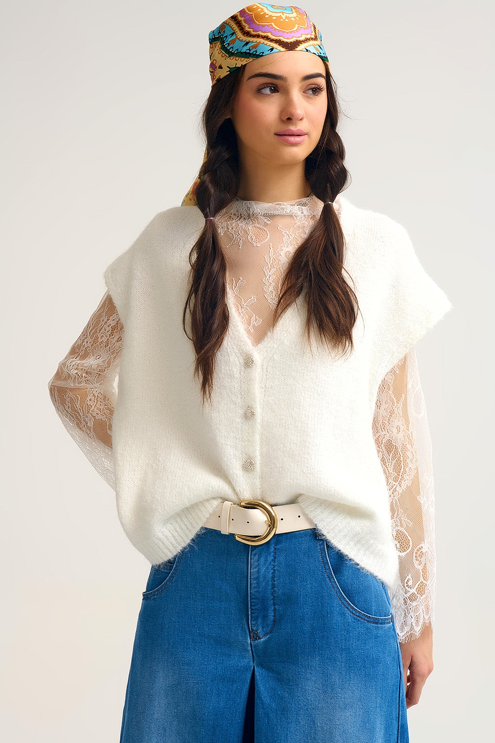 Soft Knit Sleeveless Cardigan Vest with Lace Trim