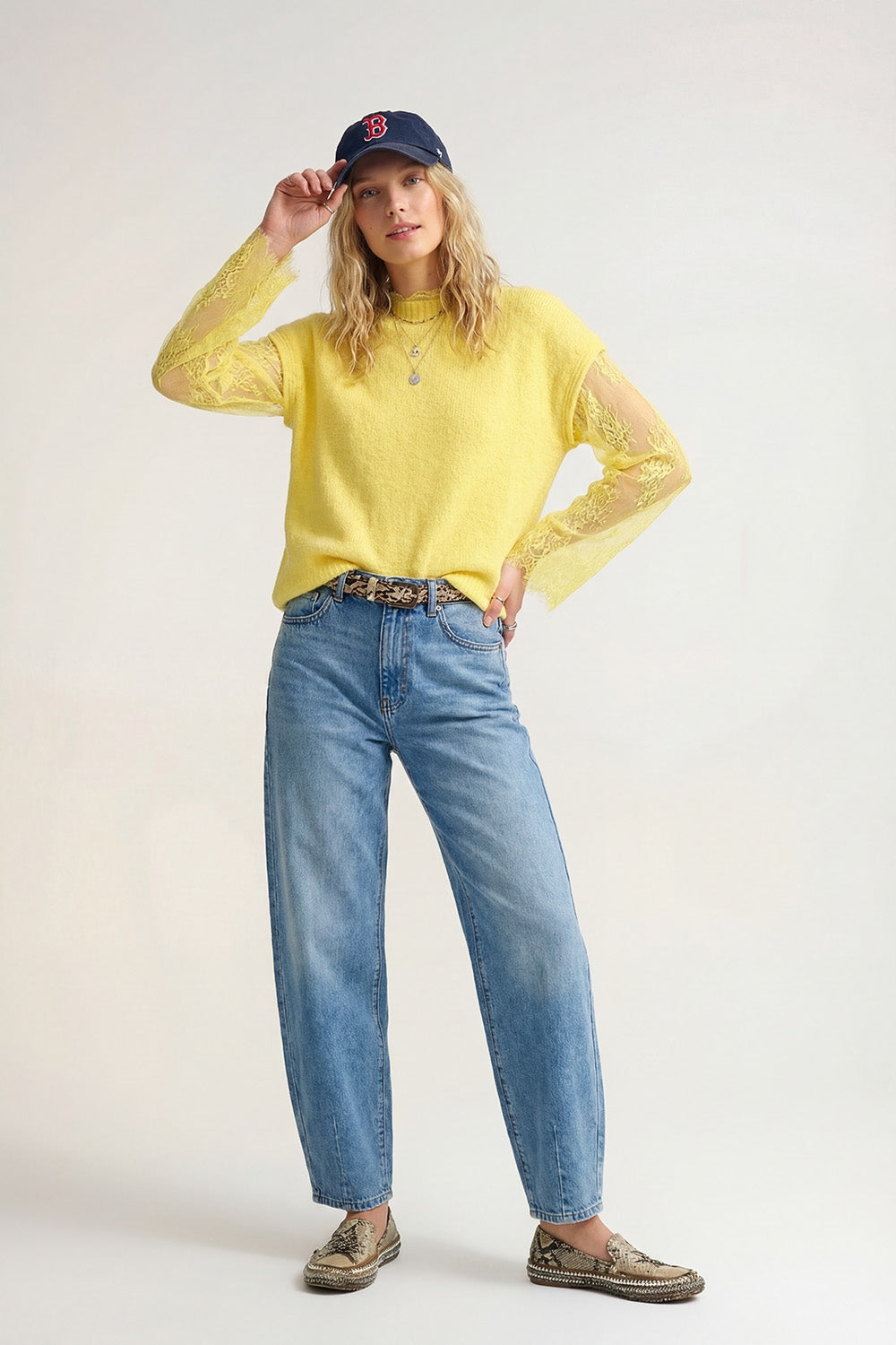 Soft Knit Sleeveless sweater with lace lining in yellow color