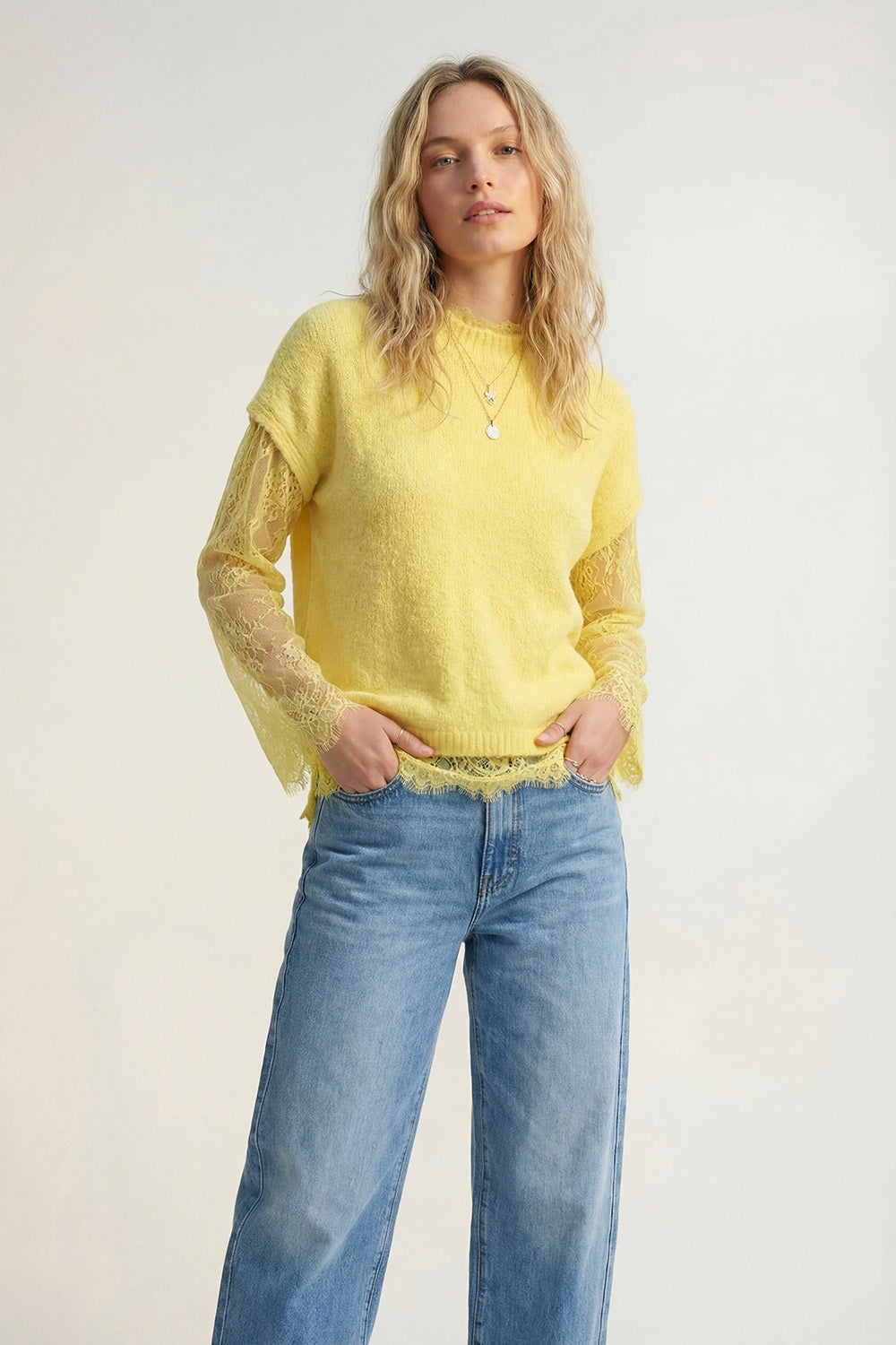 Soft Knit Sleeveless sweater with lace lining in yellow color