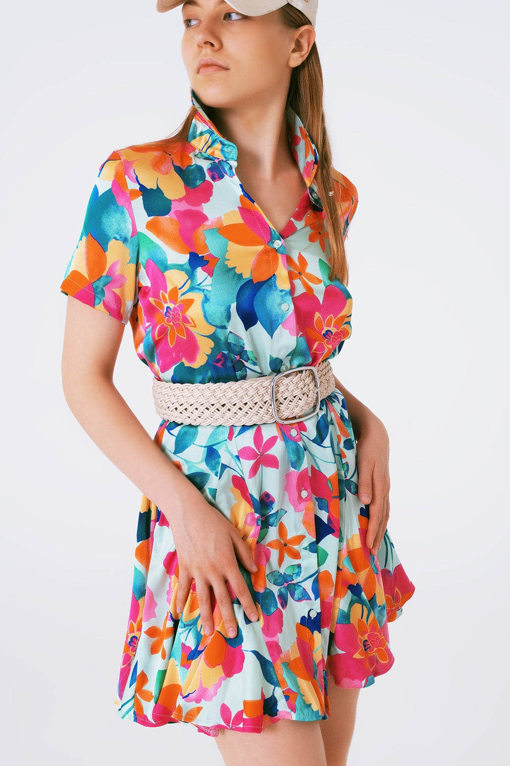 soft satin mini dress with flower print