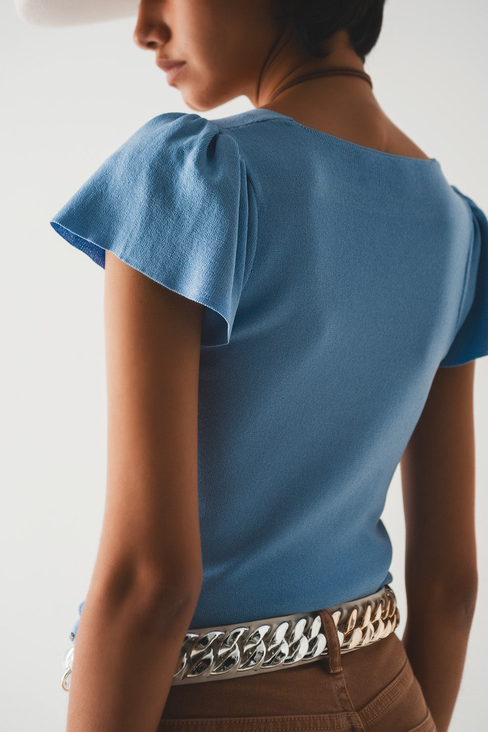 square neck puff sleeve sweater in blue