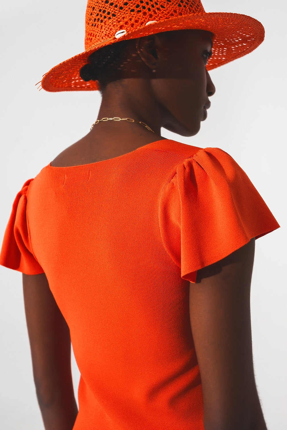 square neck puff sleeve sweater in orange
