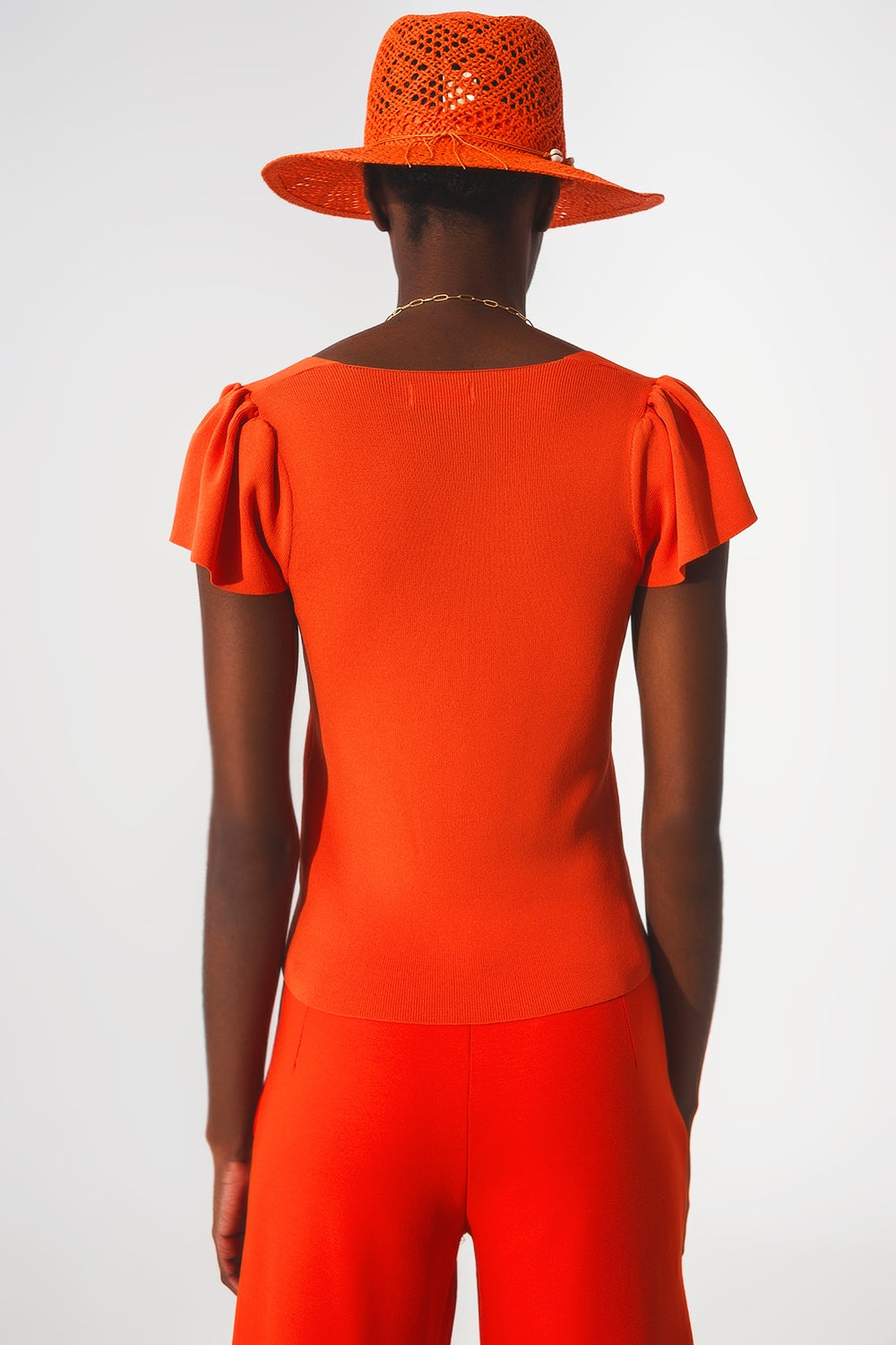 square neck puff sleeve sweater in orange