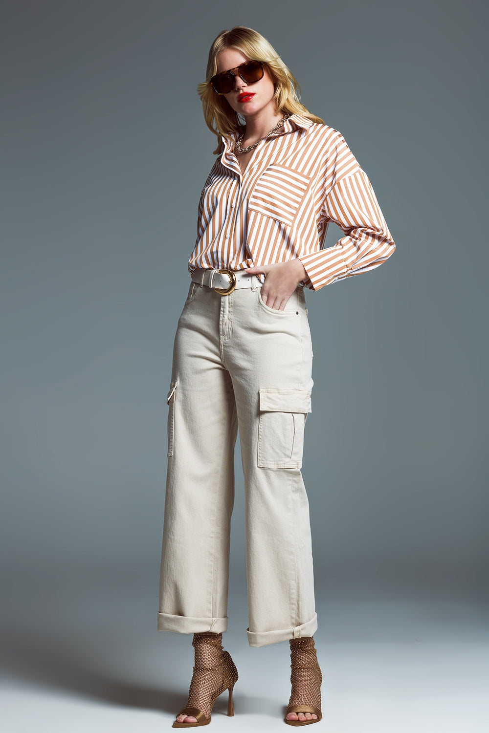 Straight Leg Cargo Jeans in Beige