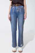 Q2 Straight leg ripped jeans with gold metallic glow