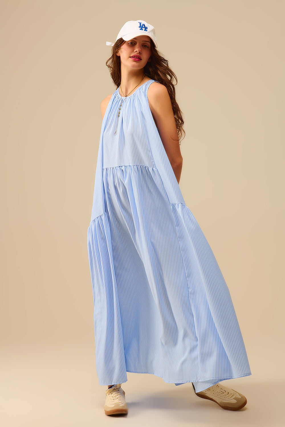 Striped Flowy Halter Dress Blue and White