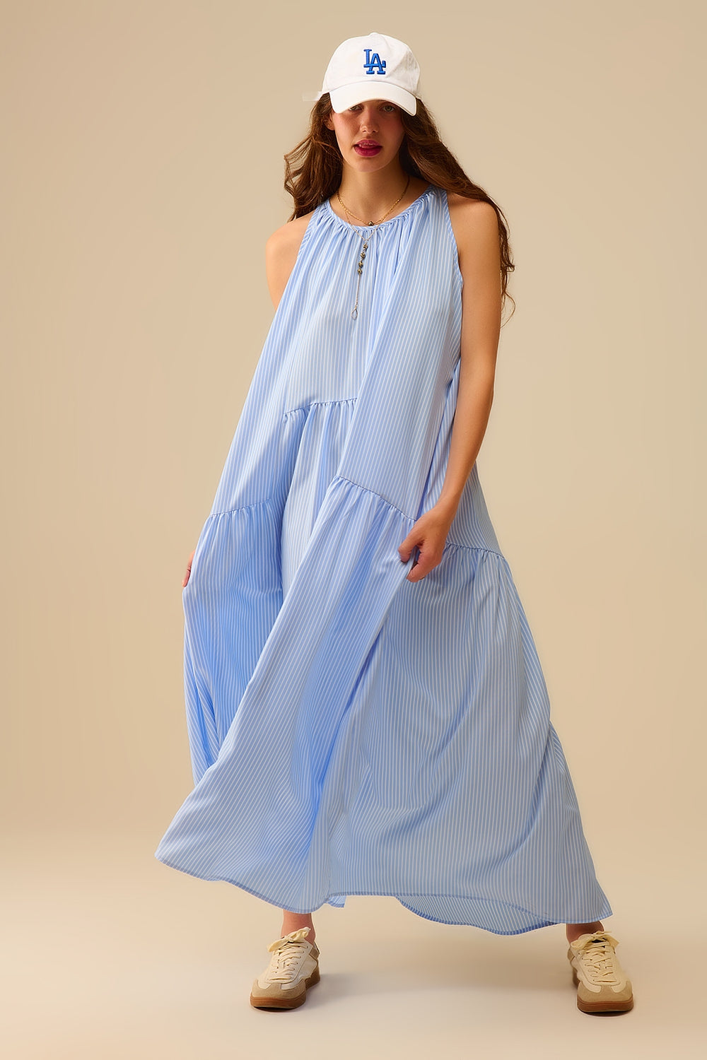 Striped Flowy Halter Dress Blue and White
