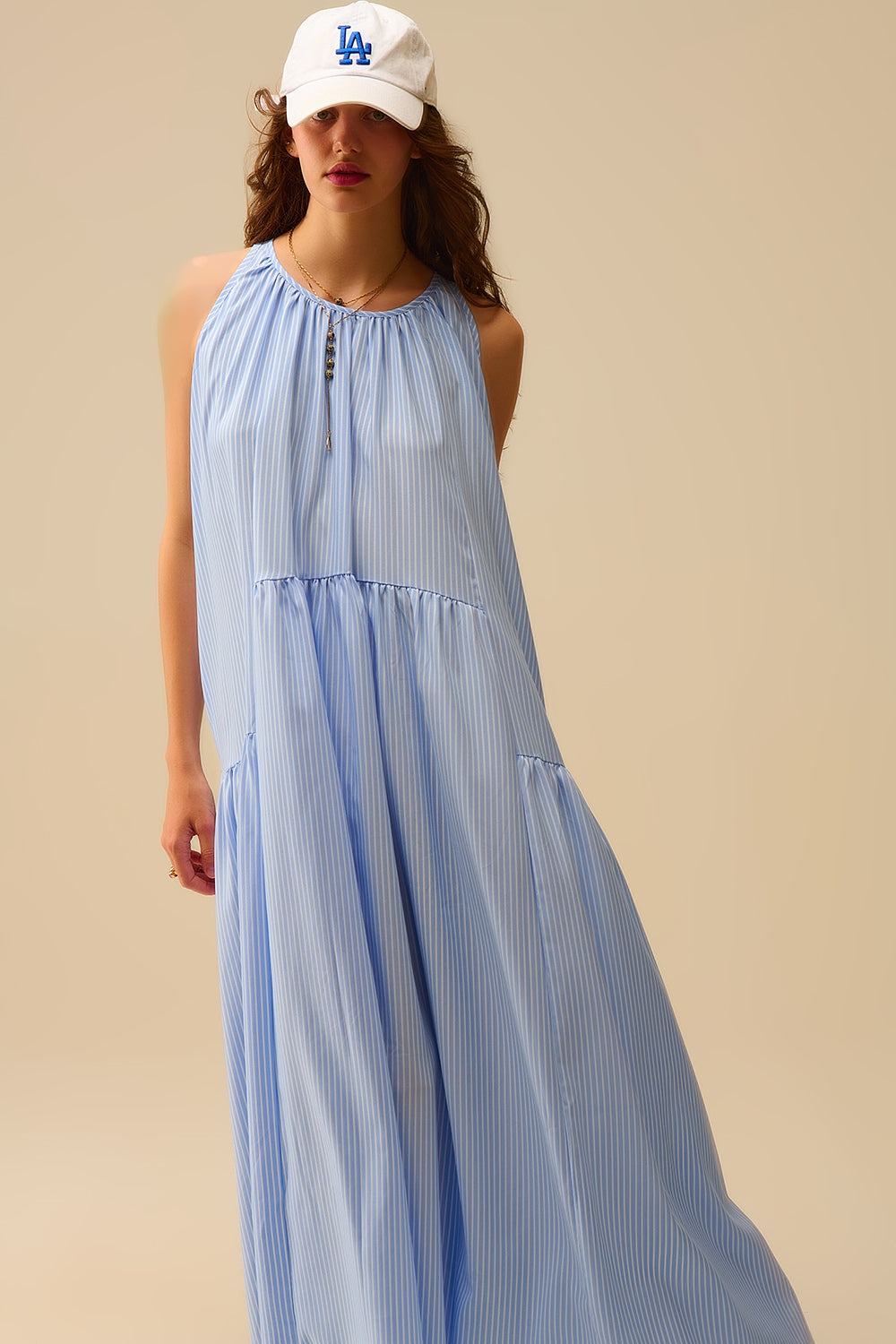 Striped Flowy Halter Dress Blue and White