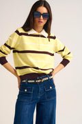 Q2 Striped Knit Polo Sweater in yellow with white Collar