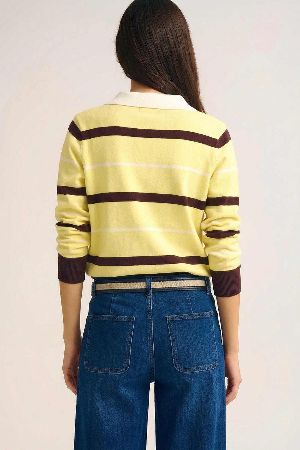 Striped Knit Polo Sweater in yellow with white Collar